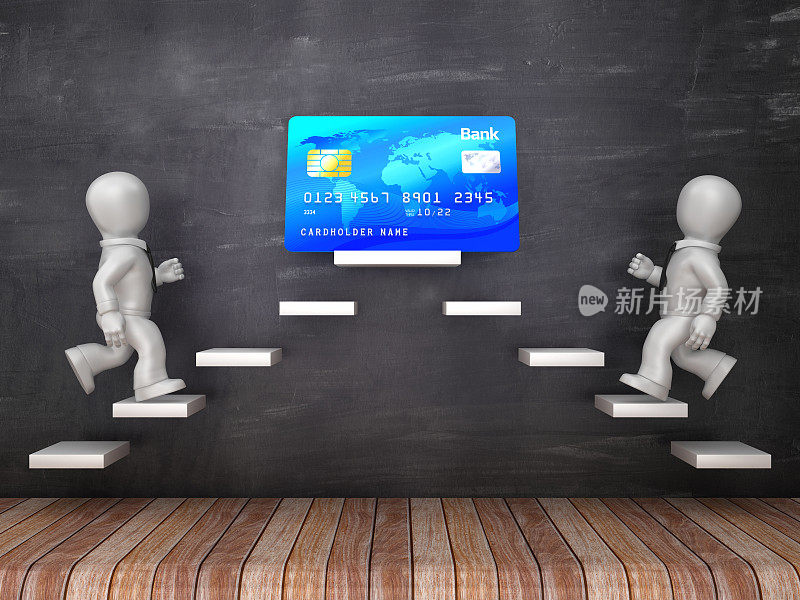 商业人物在步骤与信用卡在黑板上- 3D渲染